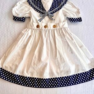 Allison Ann Vintage Sailor Dress Girls 6Y White‎ Navy Polka Dot Anchor Buttons